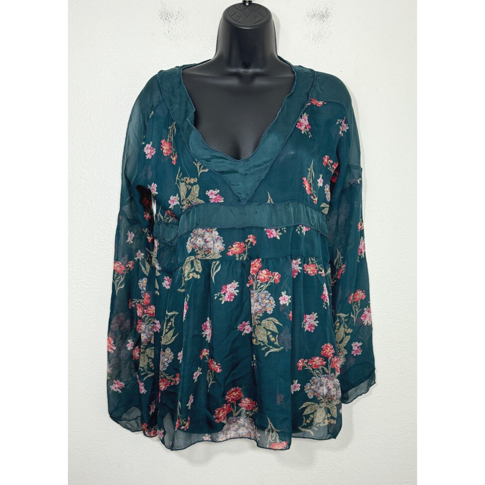 4 Love and Liberty Johnny Was Sheer Silk Blouse Chiffon Green Floral V-Neck, S